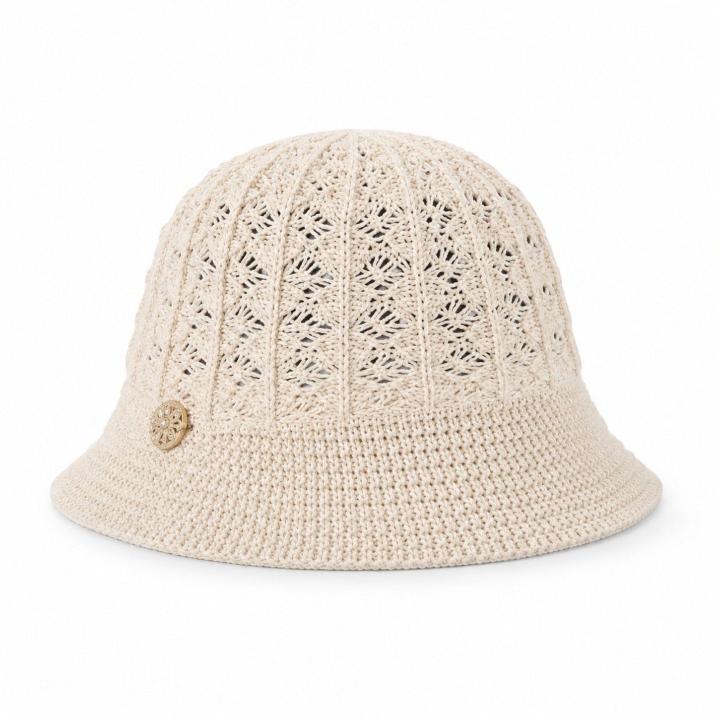 Crochet Knit Bucket Hat with Open Weave Crown and Soft Short Brim