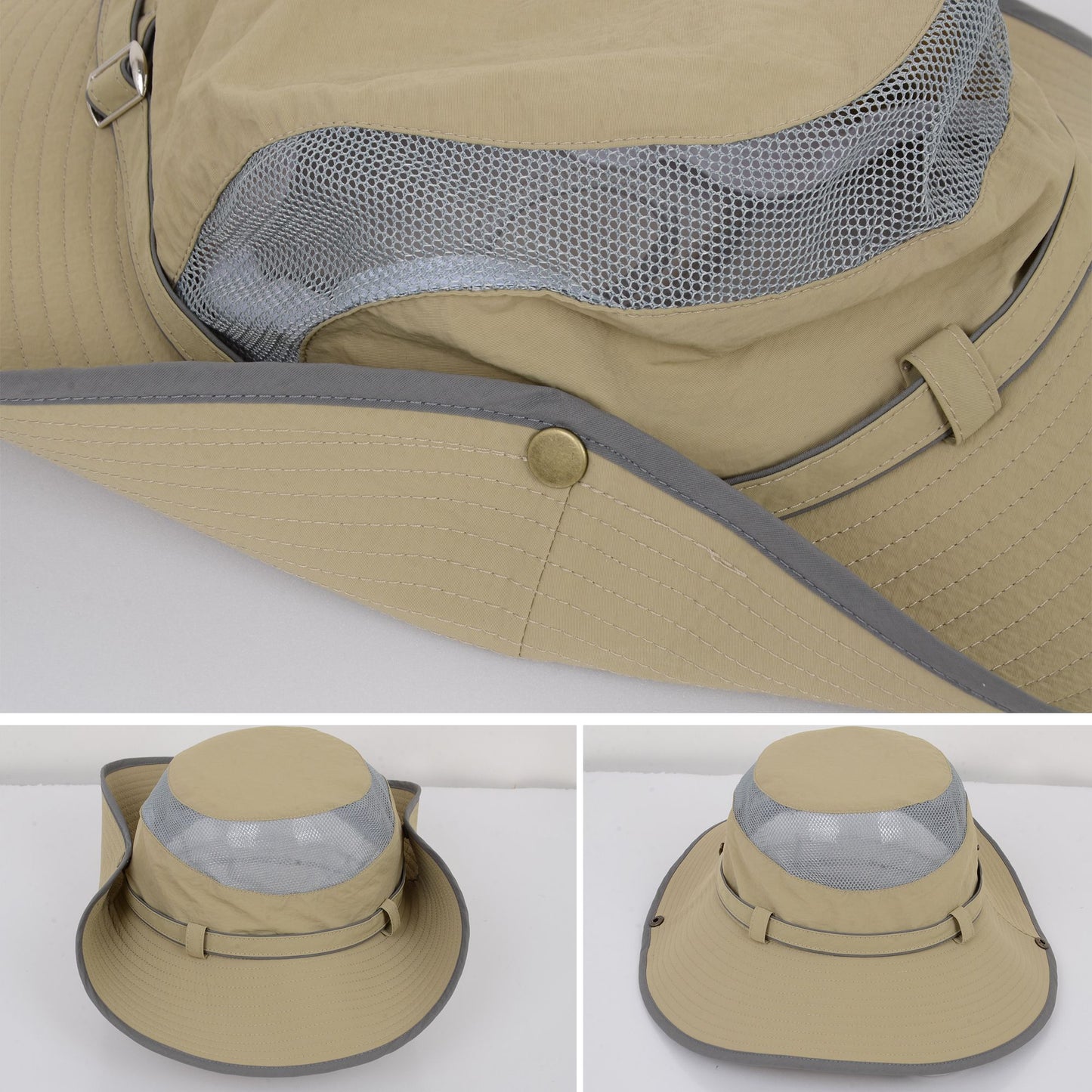Wide Brim Outdoor Hat with Mesh Ventilation Snap-Up Sides and Chin Strap for Hiking, Beach, Travel, and Sun Protection