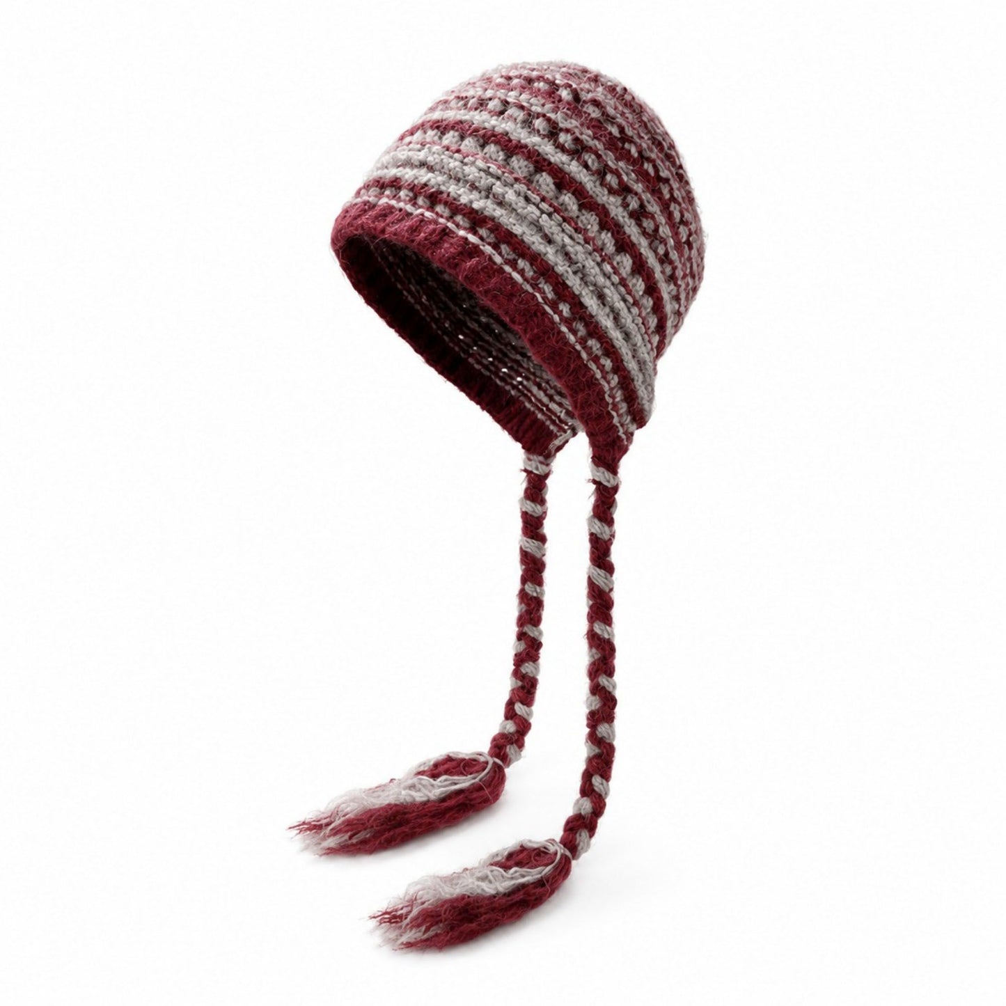 Patterned Knit Beanie with Braided Tassels