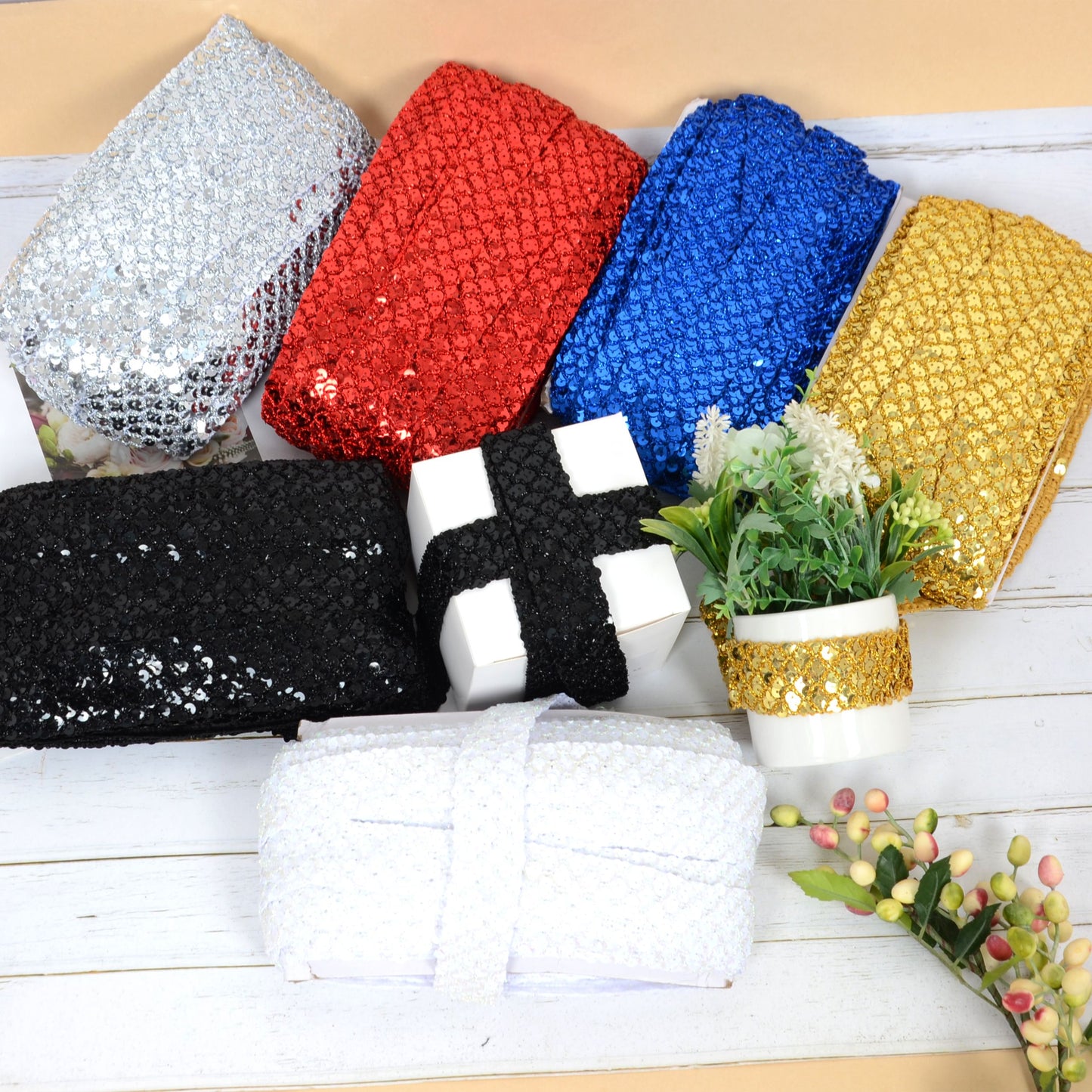Sewing Sequin Trim 1.2 Inch 6 Row, 25 Yards Glitter Sequin Strip Ribbon Metallic Stretch Bling Fabric DIY Craft Decoration