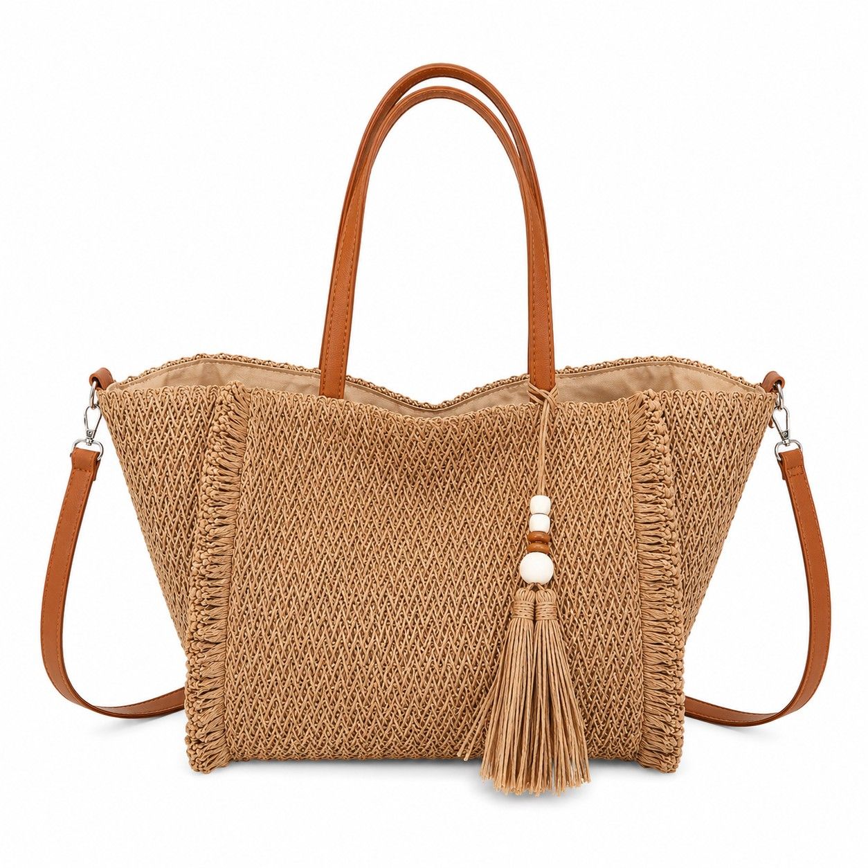 Fringe Woven Tote Bag with Detachable Strap Zip Closure and Tassel Accent