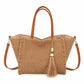 Fringe Woven Tote Bag with Detachable Strap Zip Closure and Tassel Accent