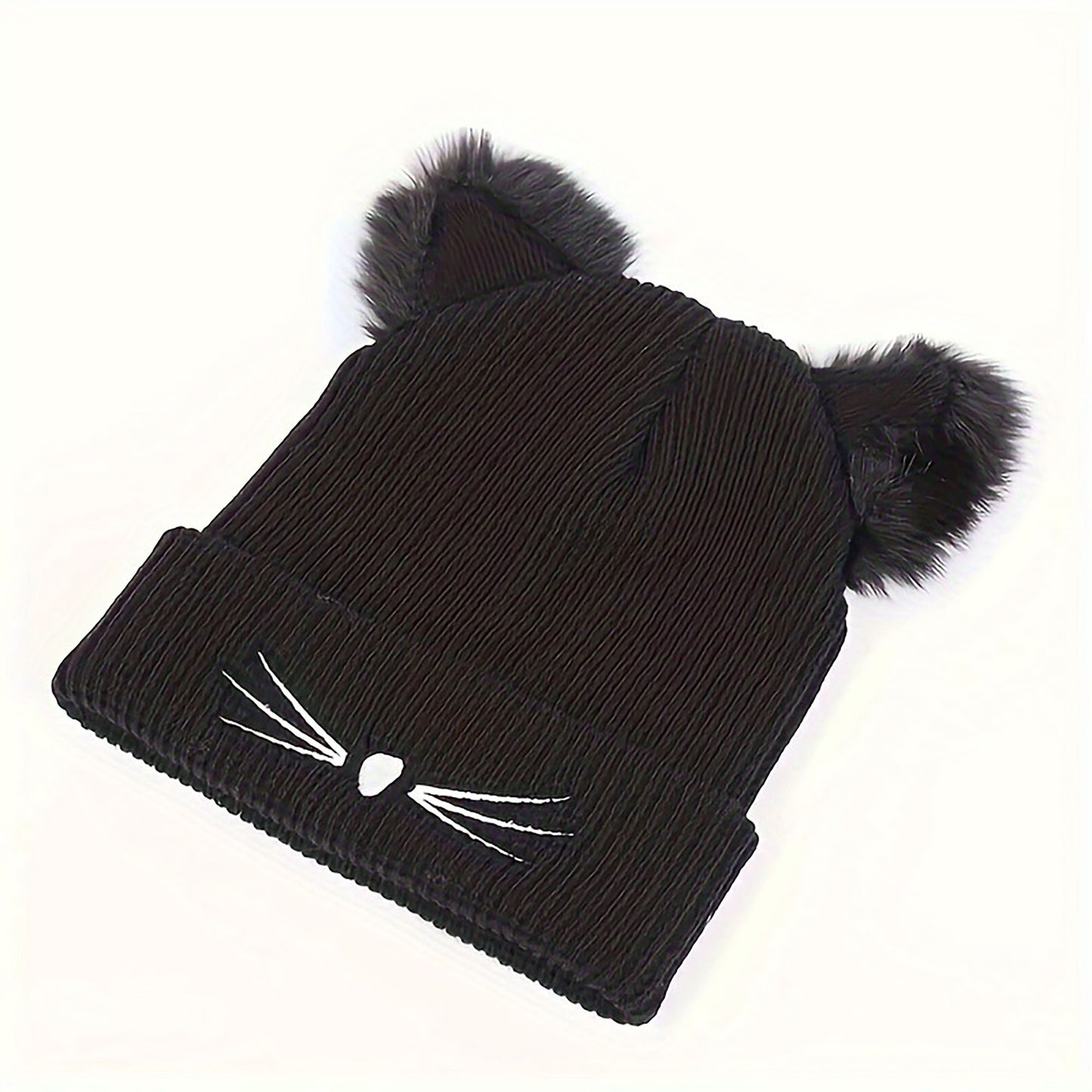 Cat Ear Knit Beanie - Faux Fur Ears with Valentine Heart Whisker Embroidery for Cute Casual Winter Wear