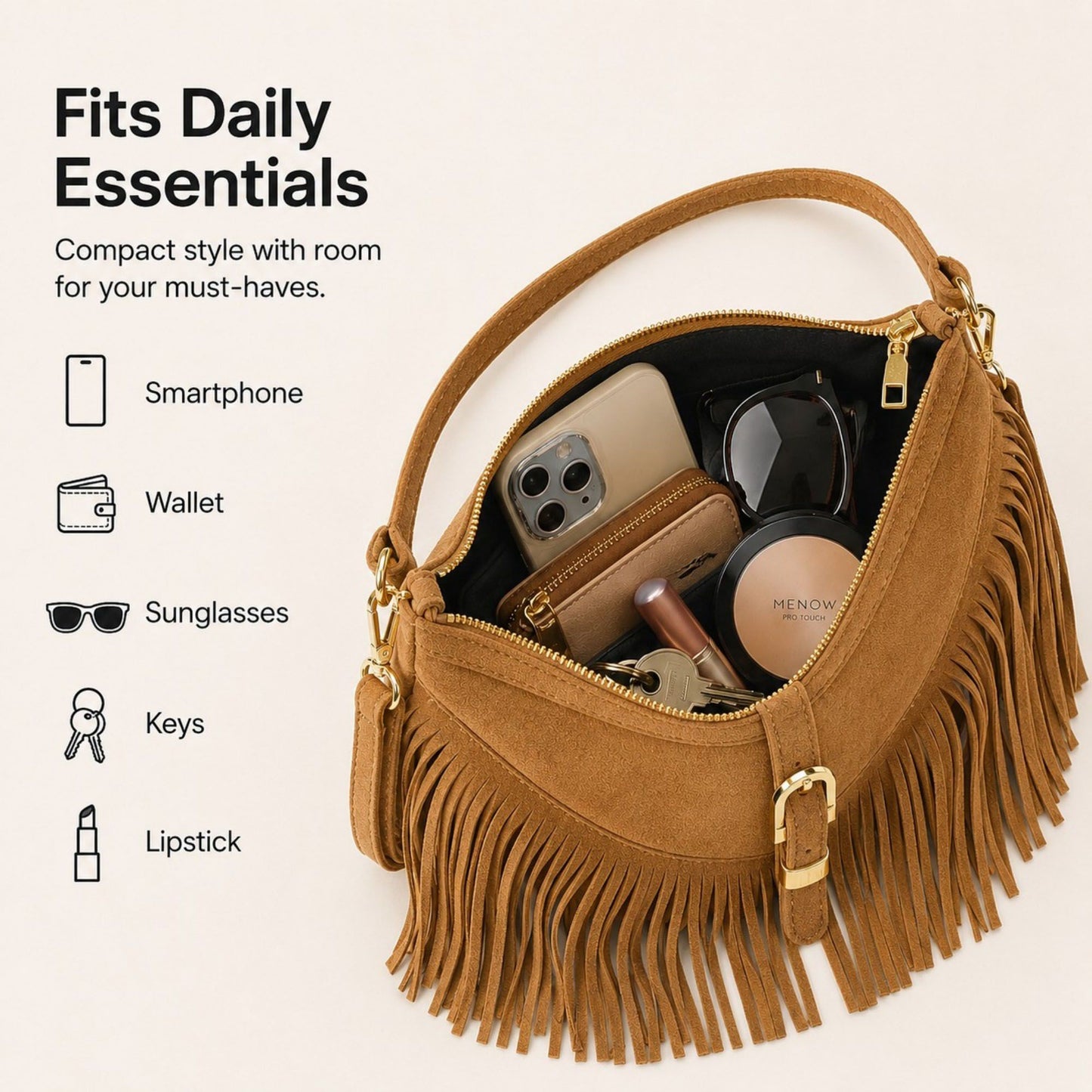 Studded Fringe Crossbody Bag Suede Look Crescent Shoulder Purse with Adjustable Strap