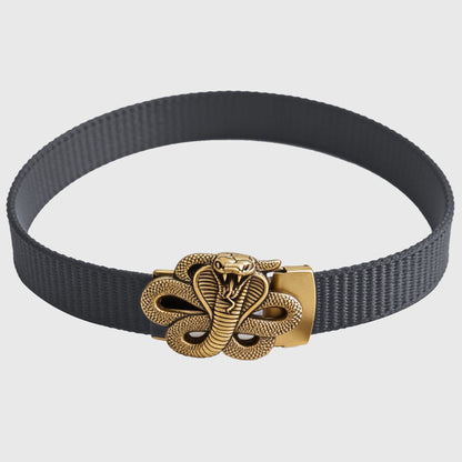 Nylon Belt with Gold Cobra Buckle - Bold Statement Buckle Belt for Edgy Casual & Stylish Outfits