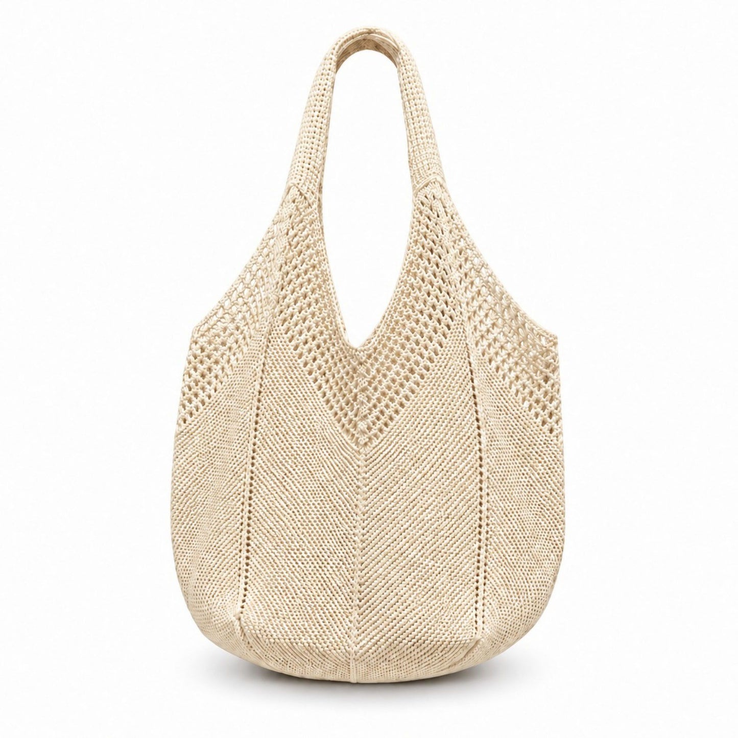 Crochet Knit Tote Bag Openwork Shoulder Bag with Heart Inspired Detail