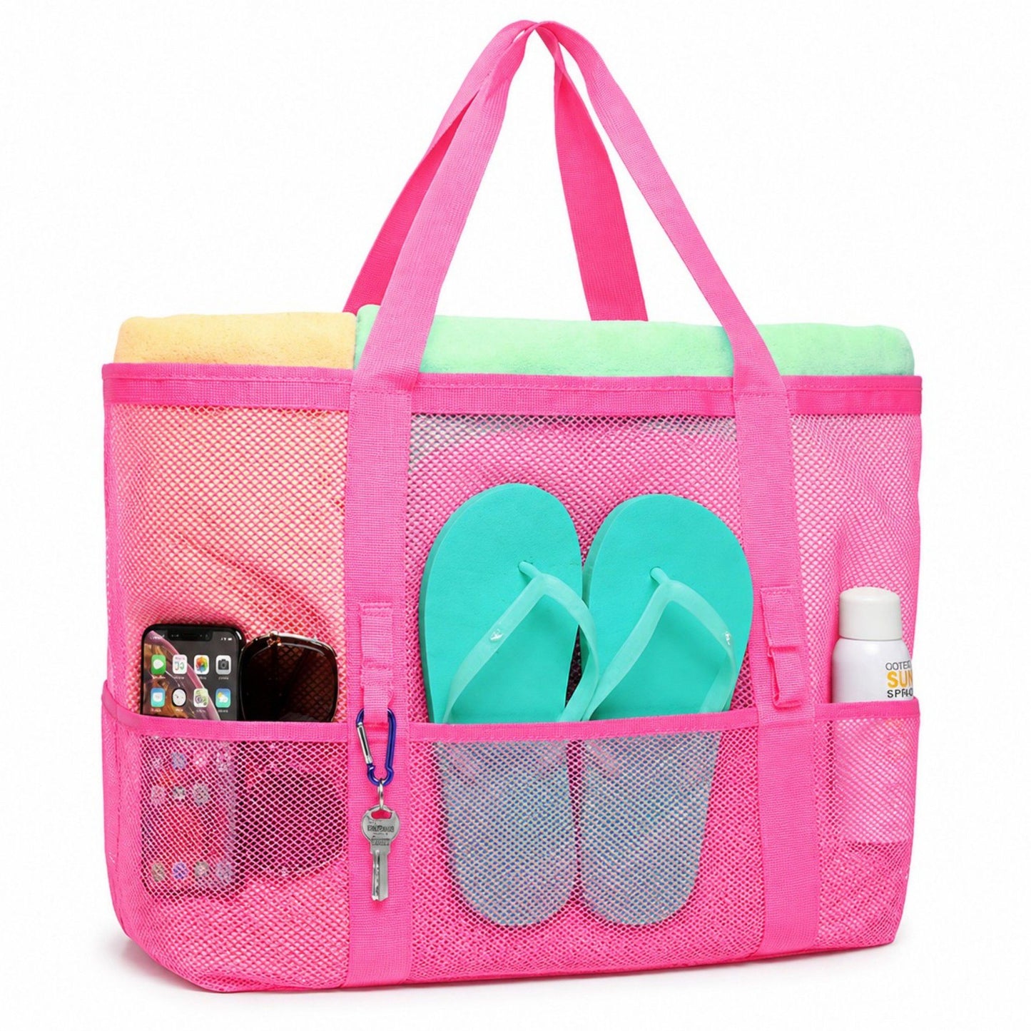 Mesh Beach Tote Bag Large Capacity Travel Shoulder Bag with Exterior Pockets Zipper Top Organizer