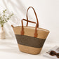 Striped Woven Straw Tote Bag Large Capacity Zip Top Shoulder Carryall Handbag