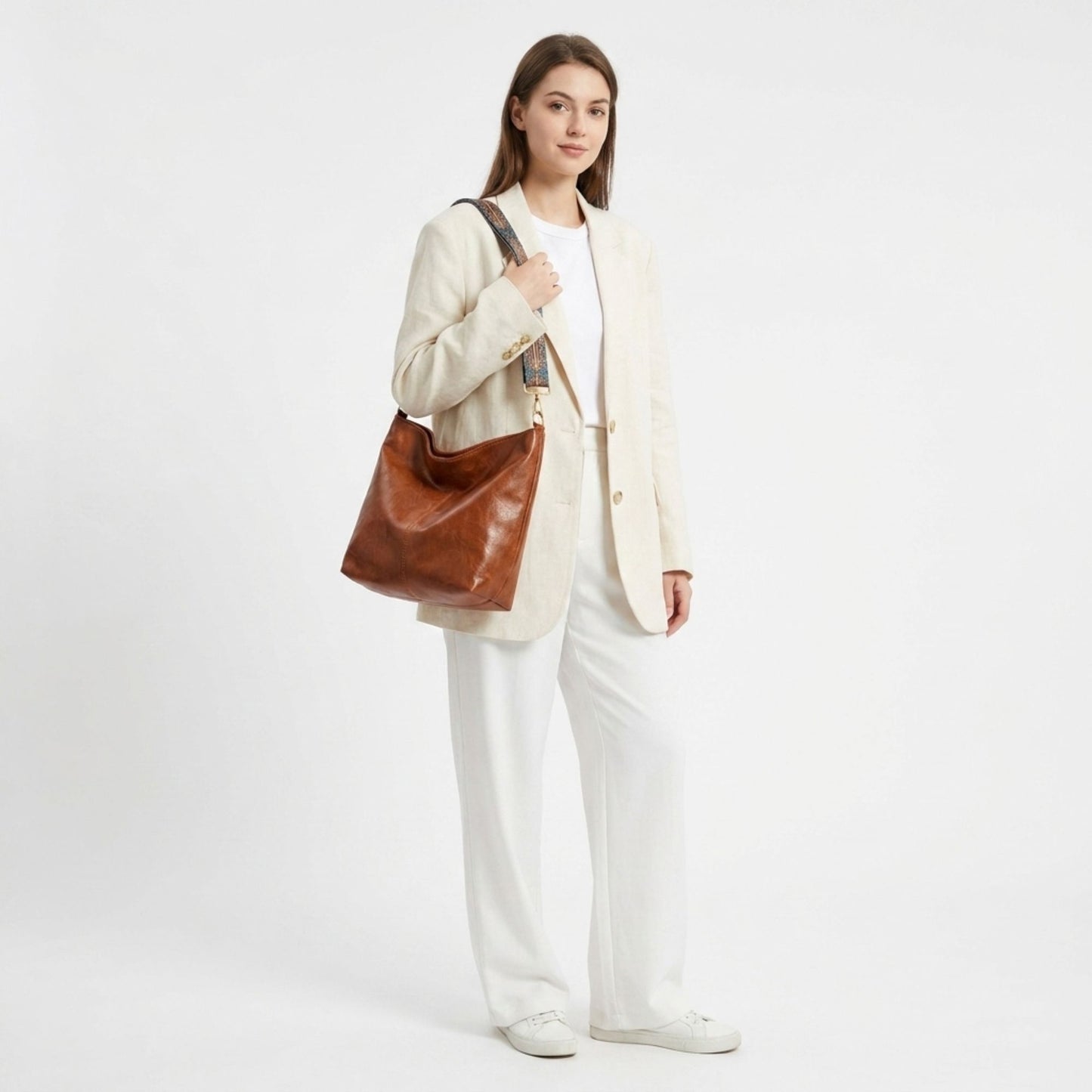 Faux Leather Hobo Shoulder Bag with Adjustable Wide Strap and Zipper Pockets