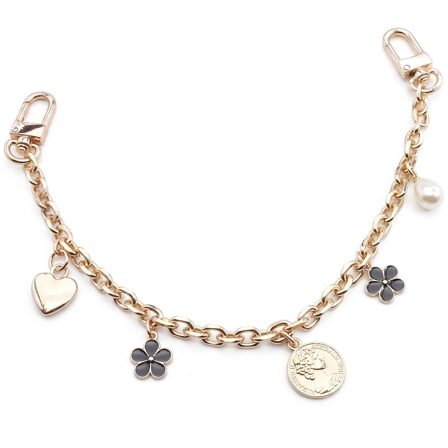 Gold Tone Bag Charm Chain with Black Flower Heart Pearl and Coin Style Charms