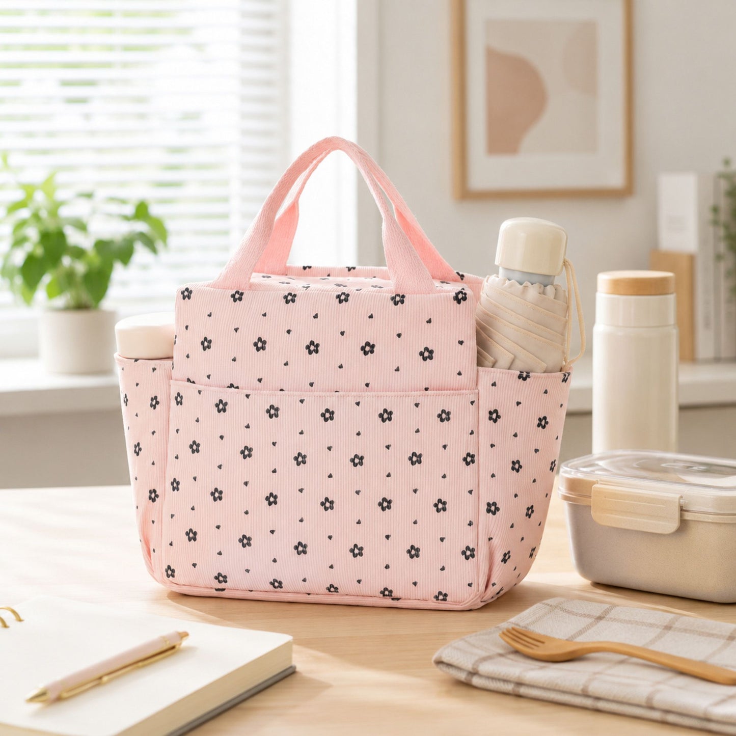 Corduroy Insulated Lunch Bag Large Capacity Floral Lunch Tote with Front and Side Pockets
