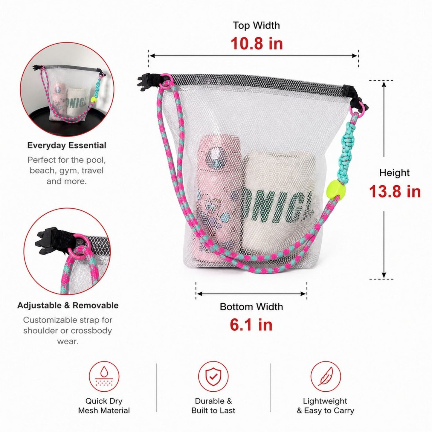 Mesh Wet Dry Crossbody Beach Bag with Adjustable Strap