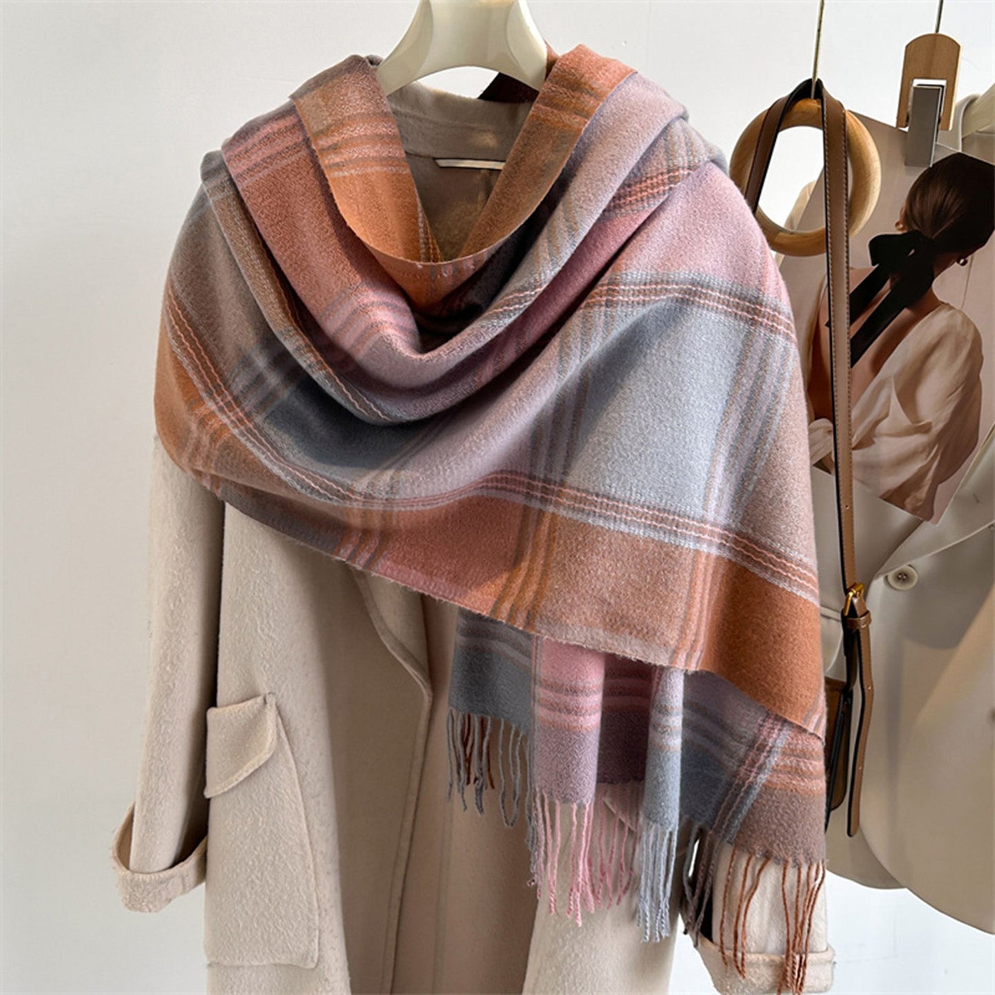 Plaid Tassel Trim Faux Cashmere-Like Winter Warm Scarf - 77IN¡Á26IN