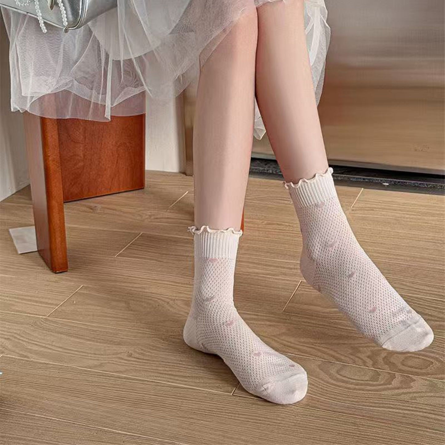5-Pair Set Frilly Crew Socks with Valentine Heart Pattern and Ruffle Trim Breathable Knit Design for Flats or Loafers