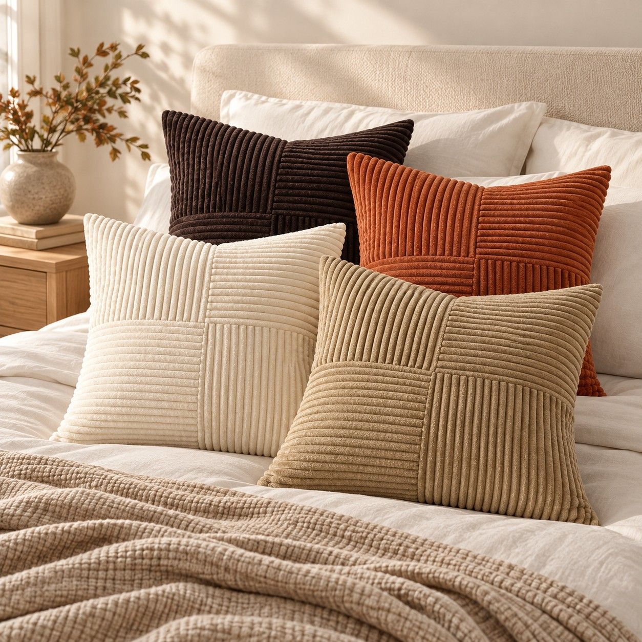 4 Pack Patchwork Corduroy Throw Pillow Covers 18 x 18 Inch for Sofa and Bed