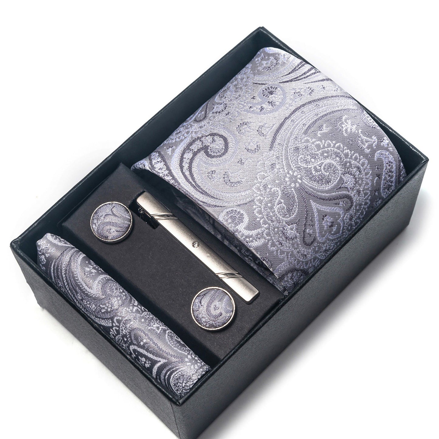 Men's Paisley Floral Tie Gift Set with Matching Pocket Square Cufflinks and Silver Tie Clip