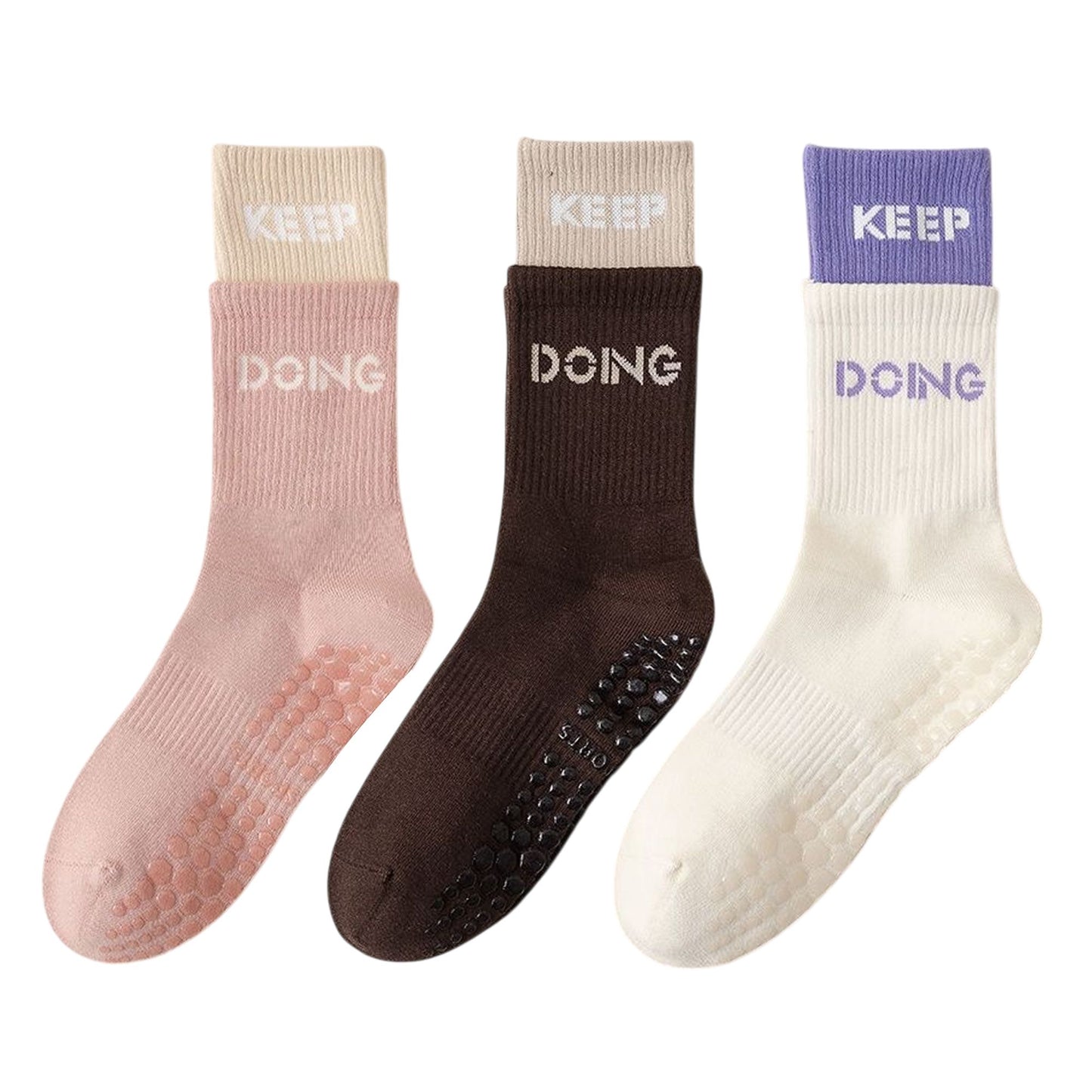 3-Pair Set Mid-Calf Grip Socks with Cushioned Soles and Motivational Text for Yoga Pilates Fitness