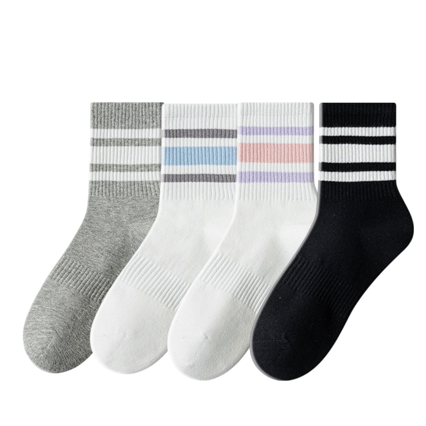 Crew Socks 4-Pack White Base Colorful Ribbed Cuff Striped Design Stretch Comfort Breathable Fit
