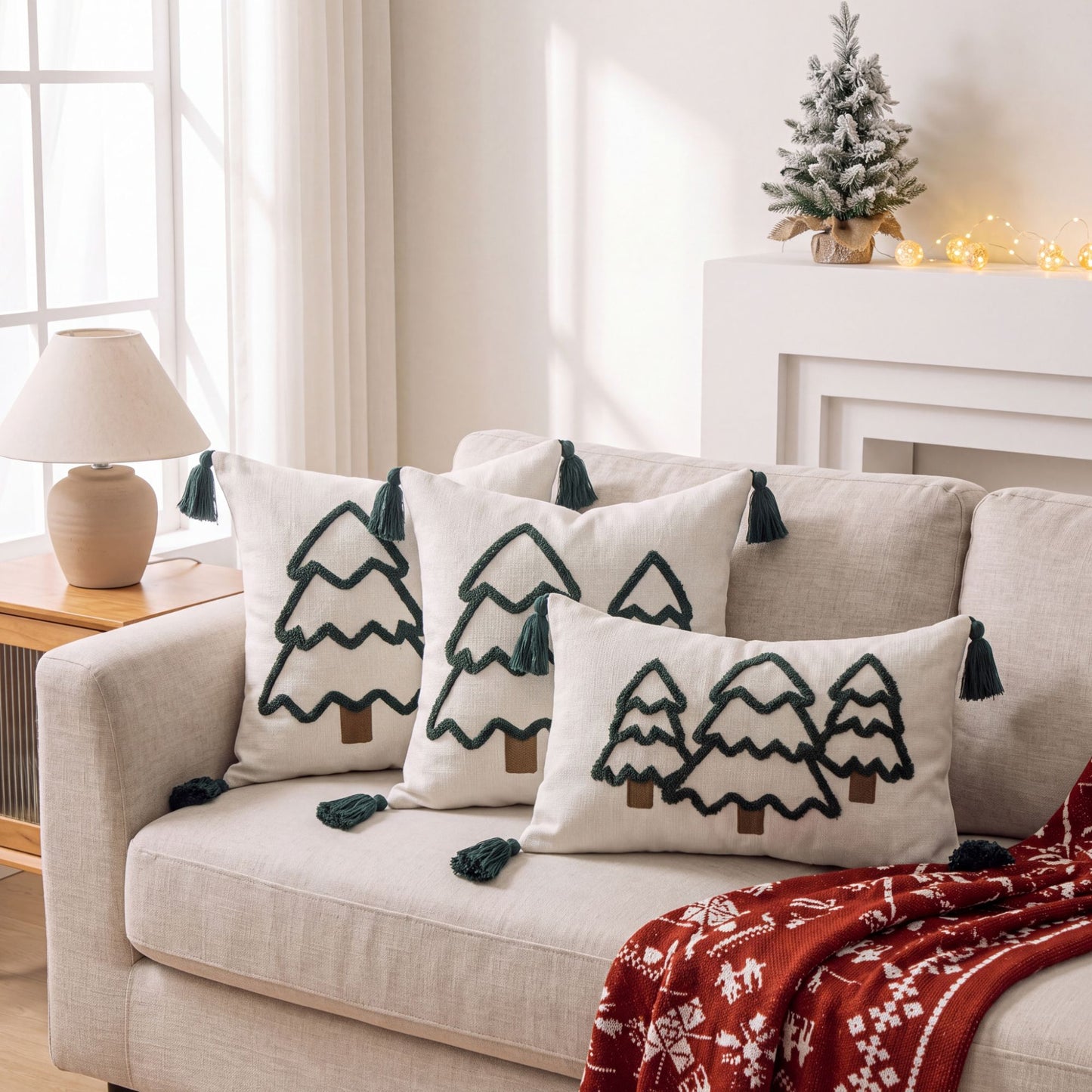 Christmas Tree Tufted Square Throw Pillow Cover with Tassels Holiday Decor