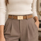 Suede Leather Belt with Geometric Gold Tone Buckle 39.4in