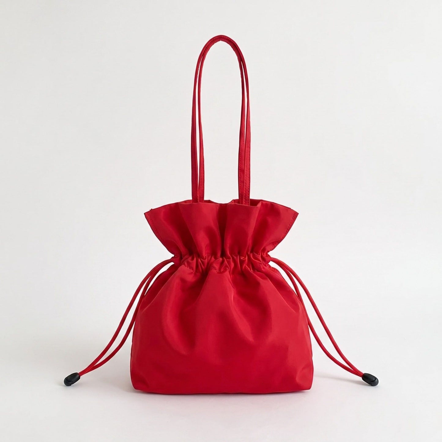 Drawstring Bucket Bag with Double Top Handles and Ruched Opening 11x9x4.5in