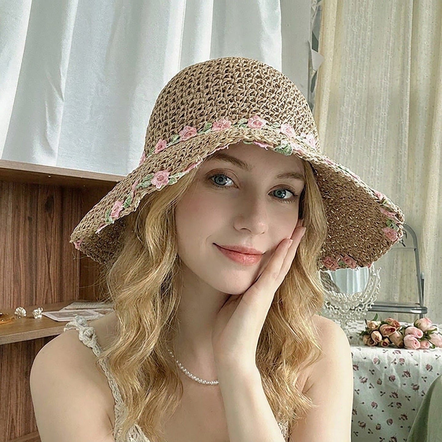 Crochet Bucket Sun Hat with Floral Embroidery and Wavy Brim Design