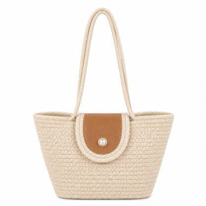 Woven Rope Tote Bag with Flap Cover Pearl Button Large Capacity Shoulder Carryall