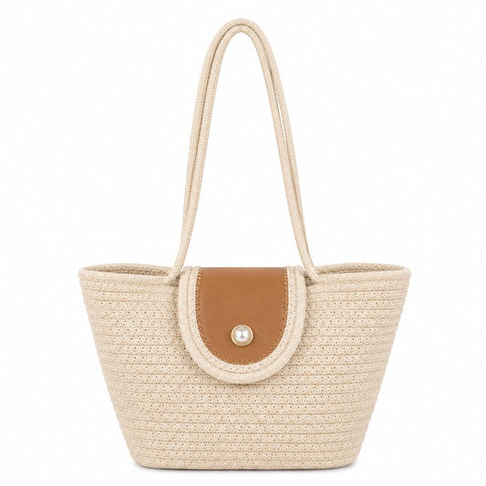 Woven Rope Tote Bag with Flap Cover Pearl Button Large Capacity Shoulder Carryall