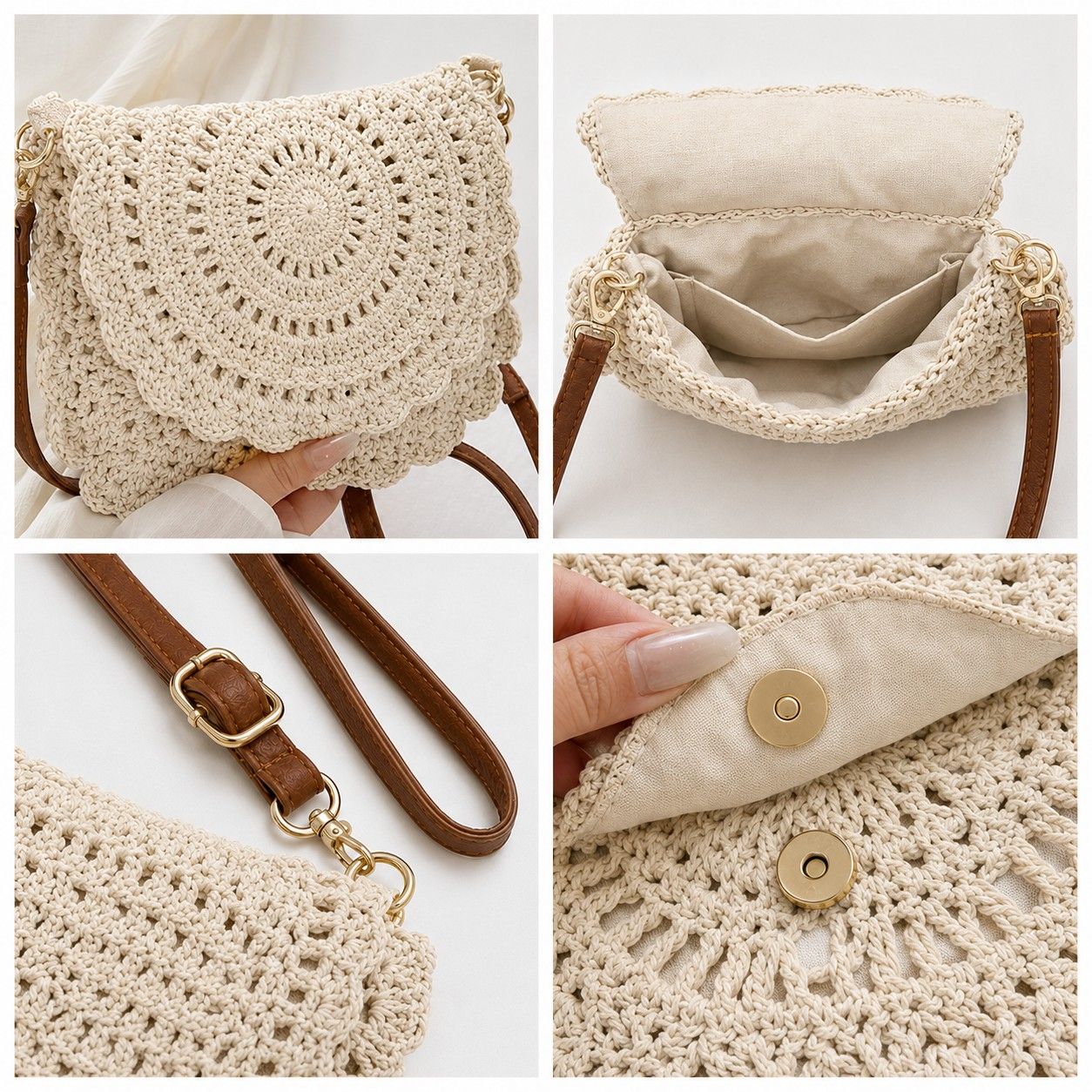 Crochet Crossbody Bag with Scalloped Flap Magnetic Closure and Shoulder Strap