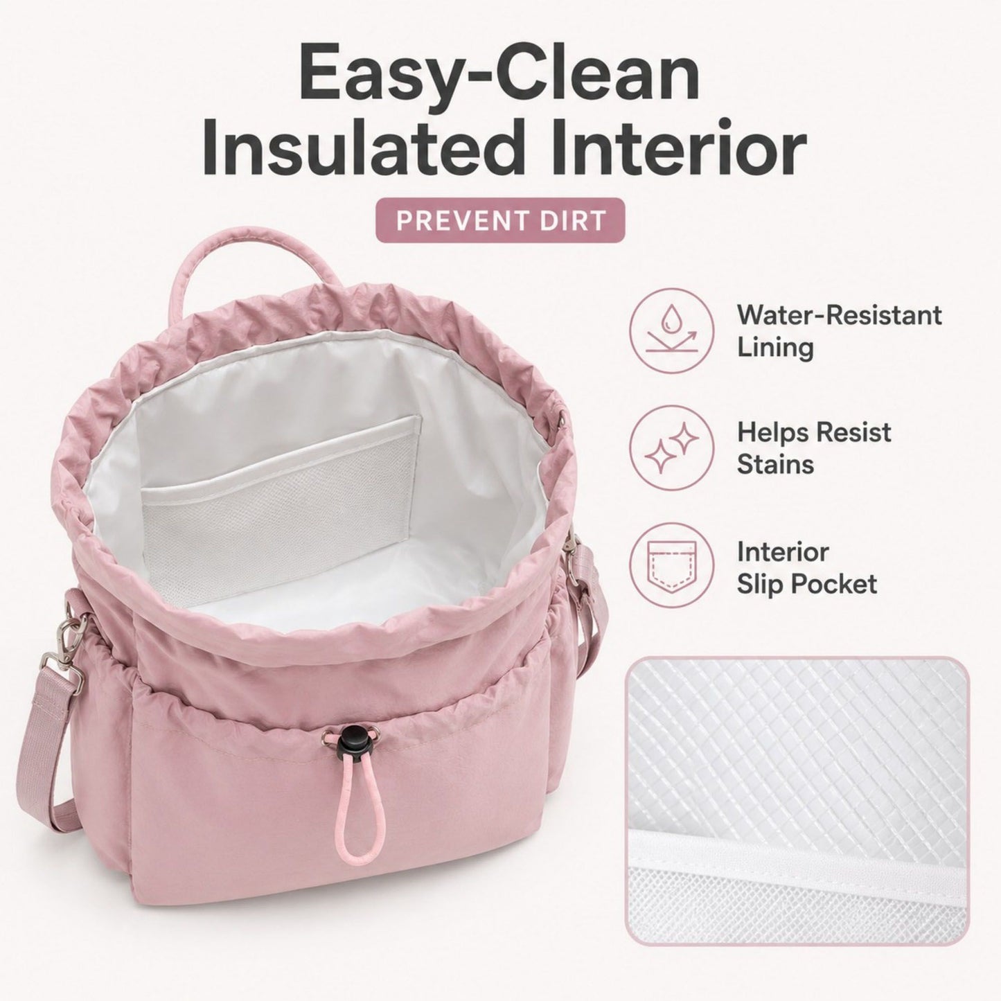 Insulated Drawstring Lunch Bag with Pockets, Top Handles and Shoulder Strap