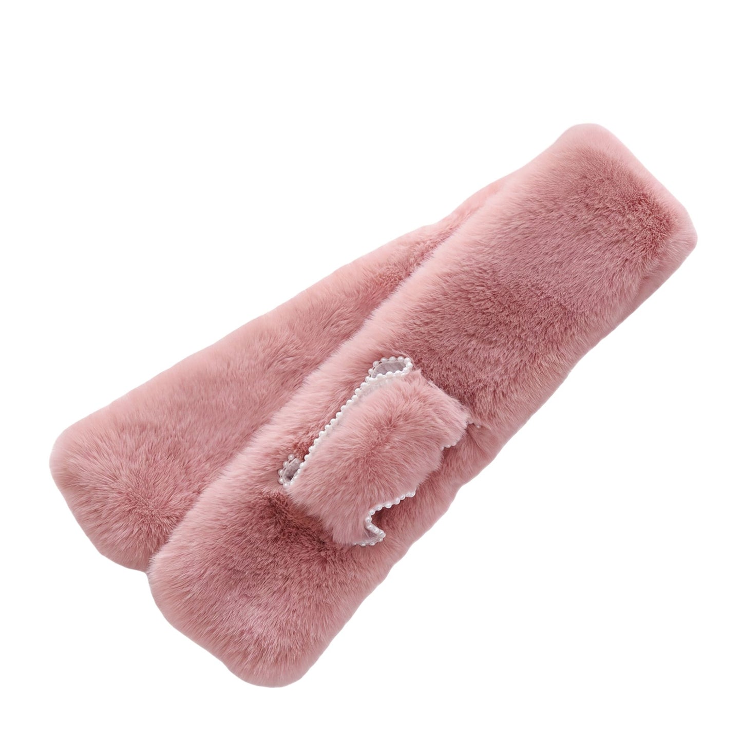 Plush Faux Fur Scarf Soft Slip Through Neck Warmer with Pearl Look Bead Trim 31.5*4.7 Inches