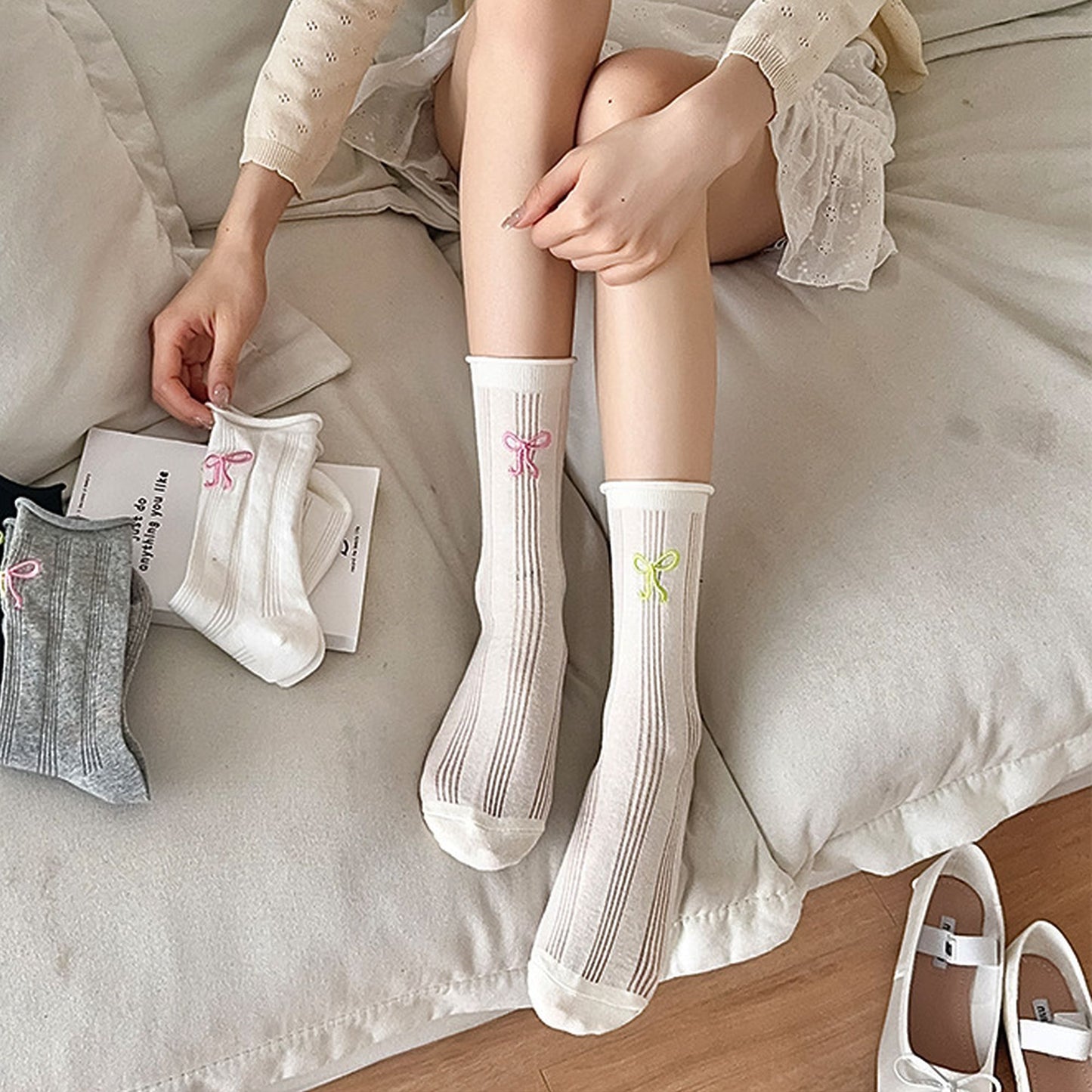 Adorable Bow-Embroidered Ribbed Ankle Socks 5Pk