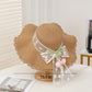 Wide Brim Straw Sun Hat with Scalloped Edge Lace Bow and Floral Accent
