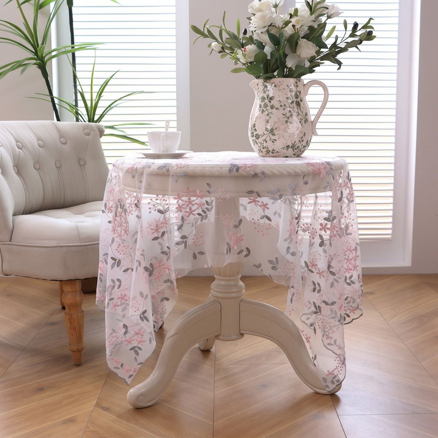 Sheer Floral Embroidered Rectangular Tablecloth 59.1x39.4in