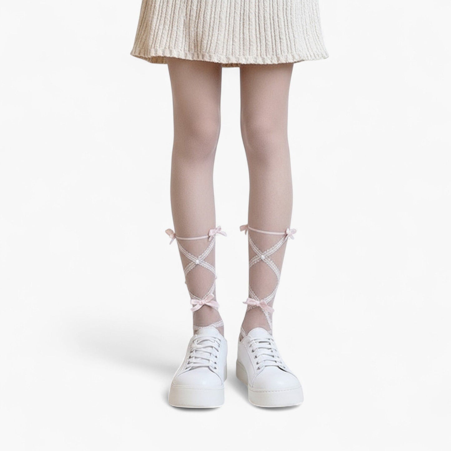 Sheer Tights with Crisscross Lace Ribbon and Bow Detail at Ankles