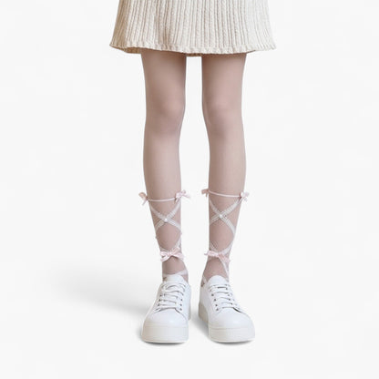 Sheer Tights with Crisscross Lace Ribbon and Bow Detail at Ankles