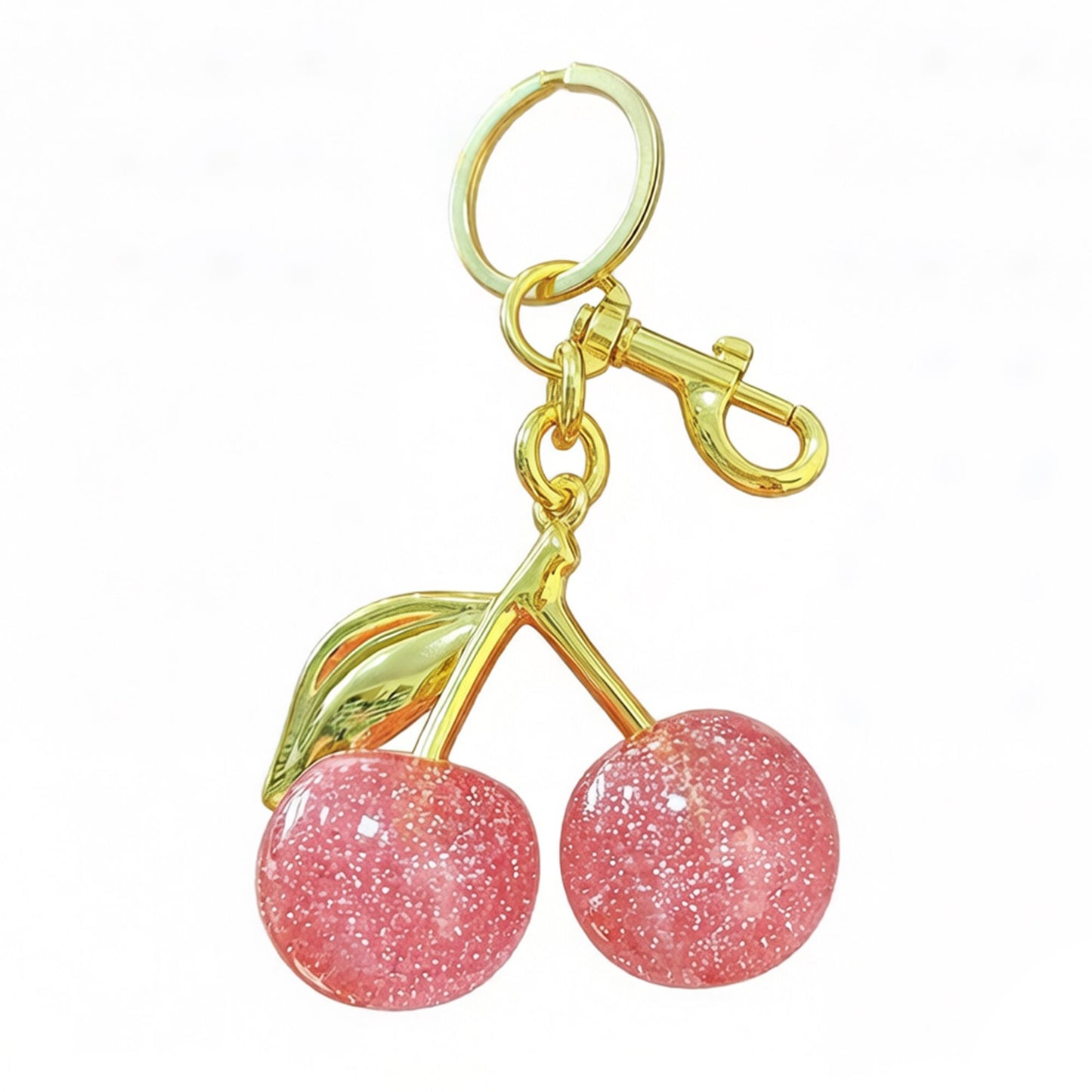 Cherry Charm Keychain with Glitter Fruit Pendant Gold Tone Clip and Key Ring Bag Accessory