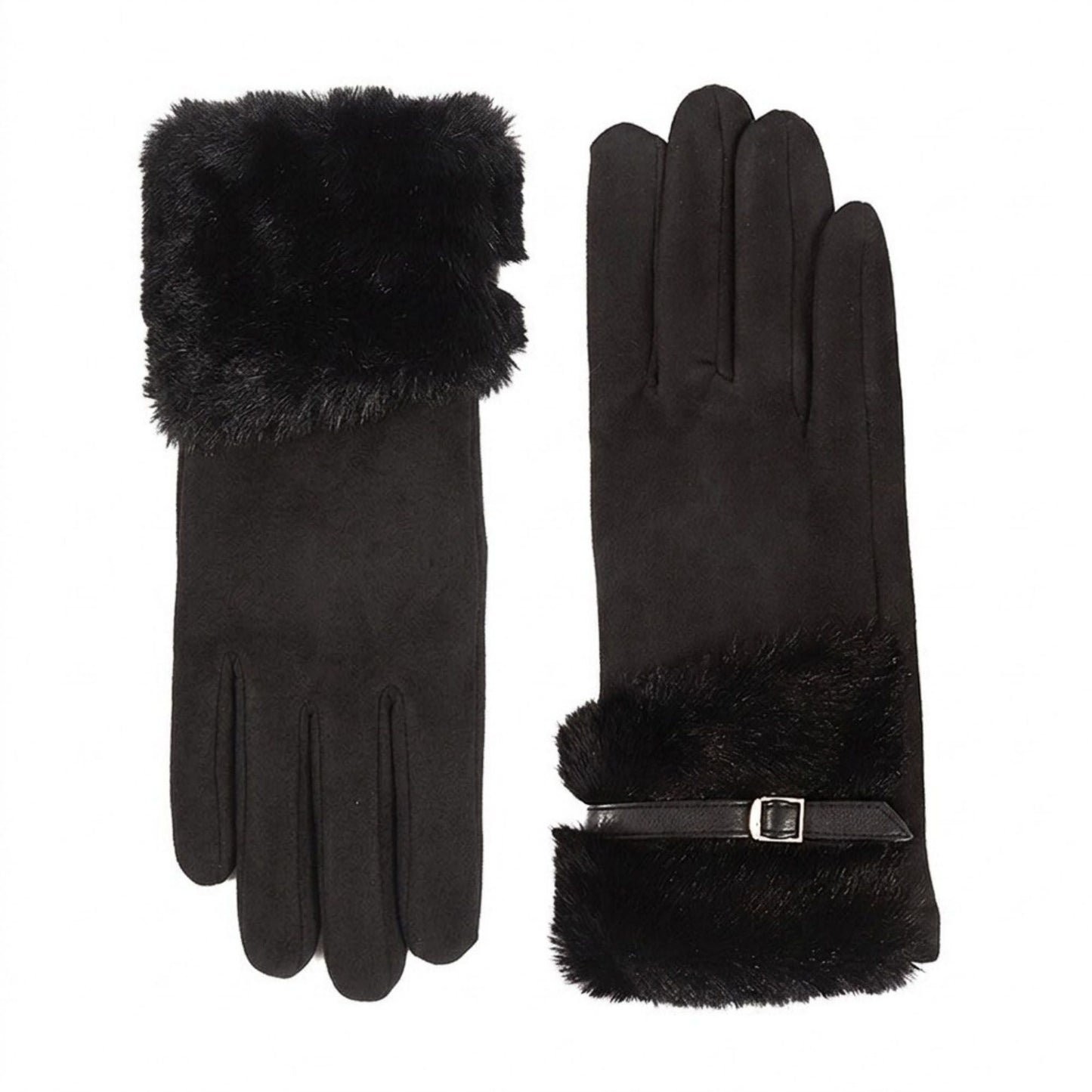 Faux Suede Gloves with Faux Fur Cuff and Buckle Detail 9.9 x 3.9in