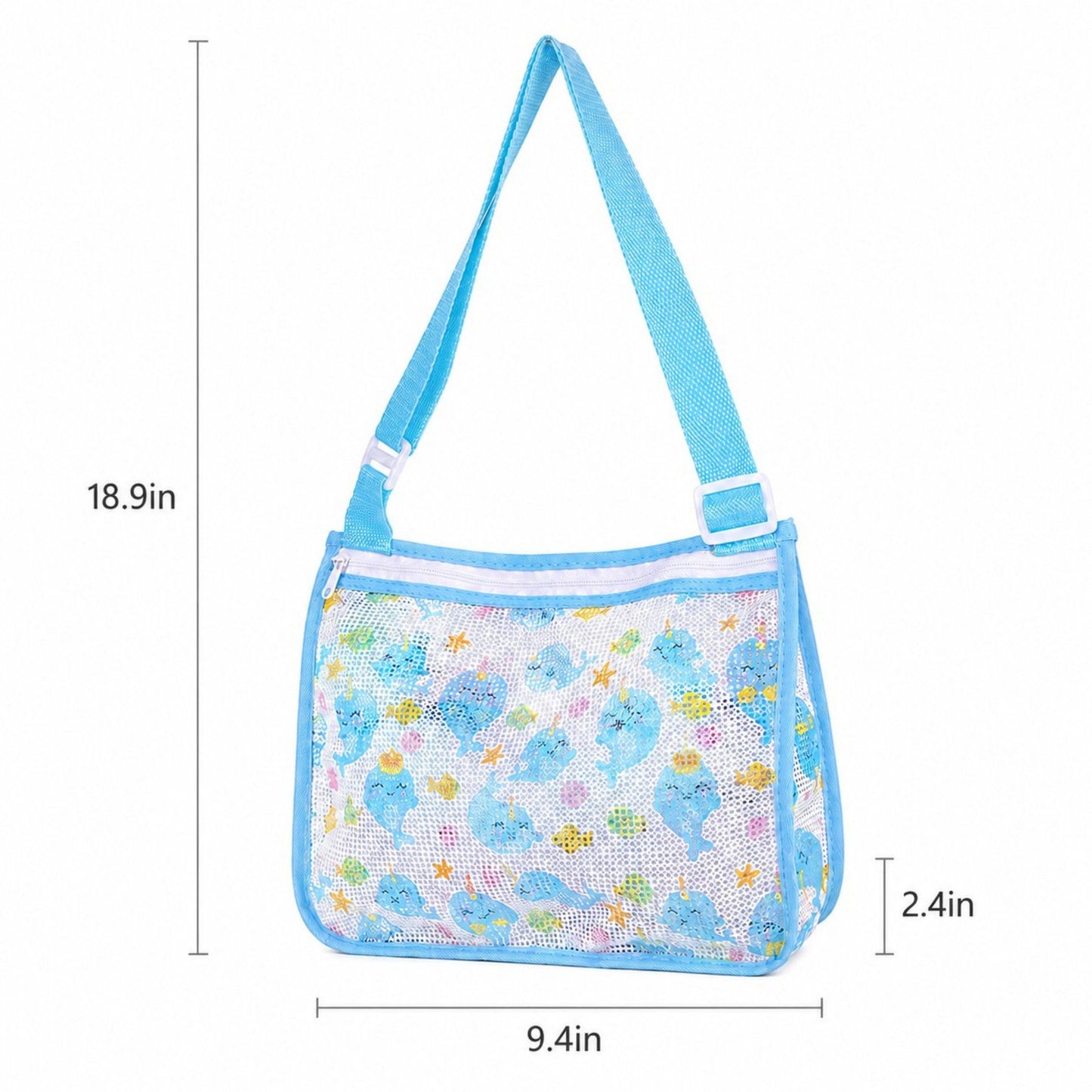 Printed Mesh Beach Shoulder Bag with Adjustable Strap Zip Top Lightweight See Through Tote for Pool