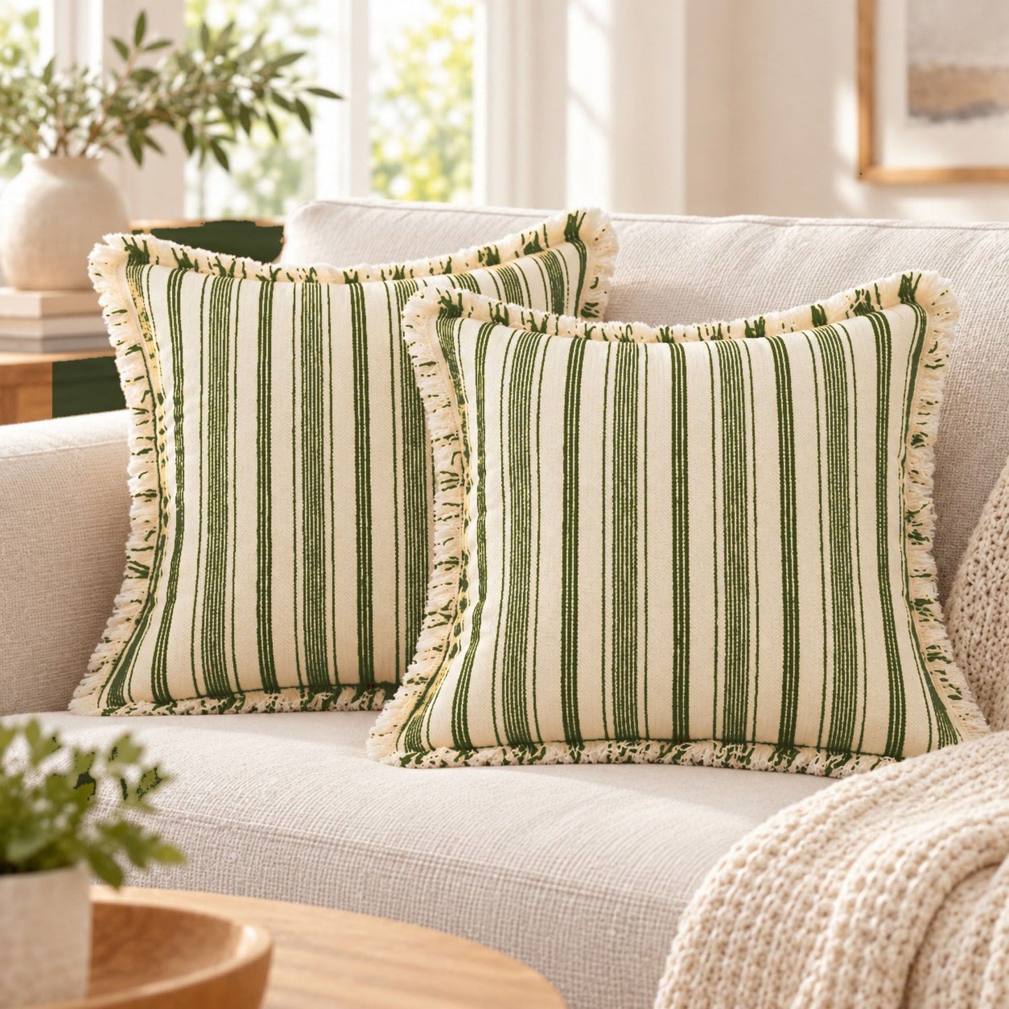 Striped Fringe Decorative Throw Pillow Cover Set of 2
