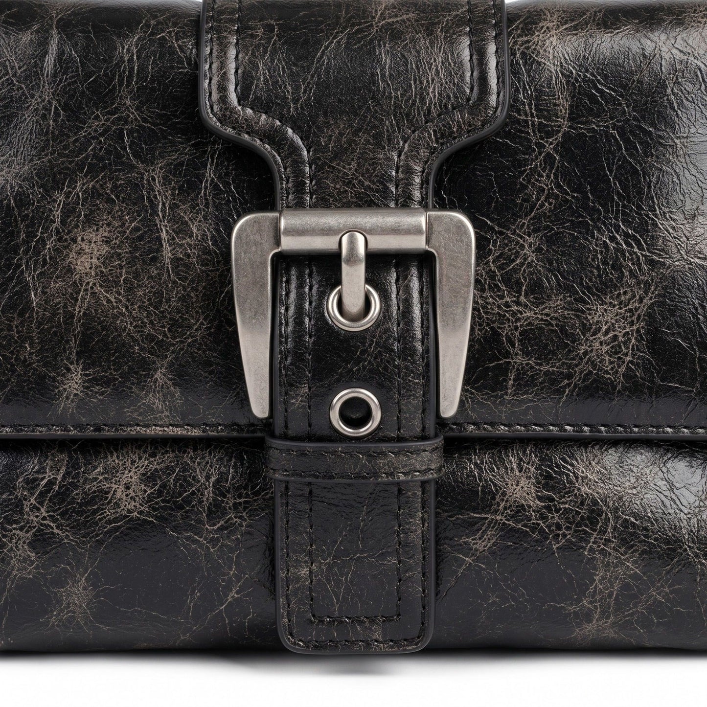 Distressed-Look Flap Shoulder Bag with Metal Clasp
