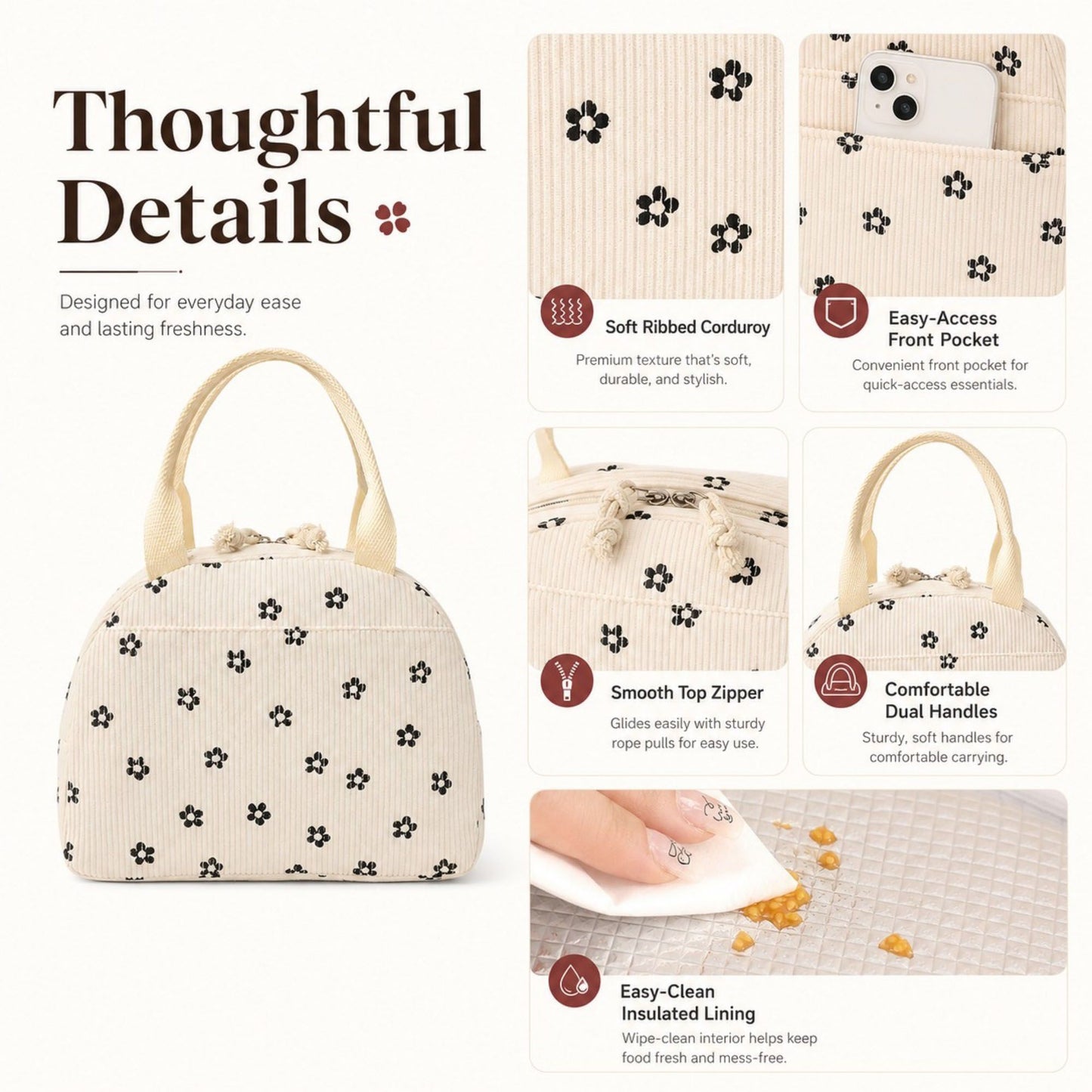 Heart Print Corduroy Insulated Lunch Bag with Handles and Zip Closure