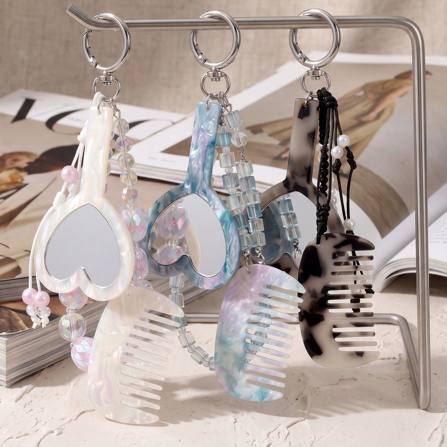 Beaded Keychain Bag Charm with Heart Mirror and Mini Comb