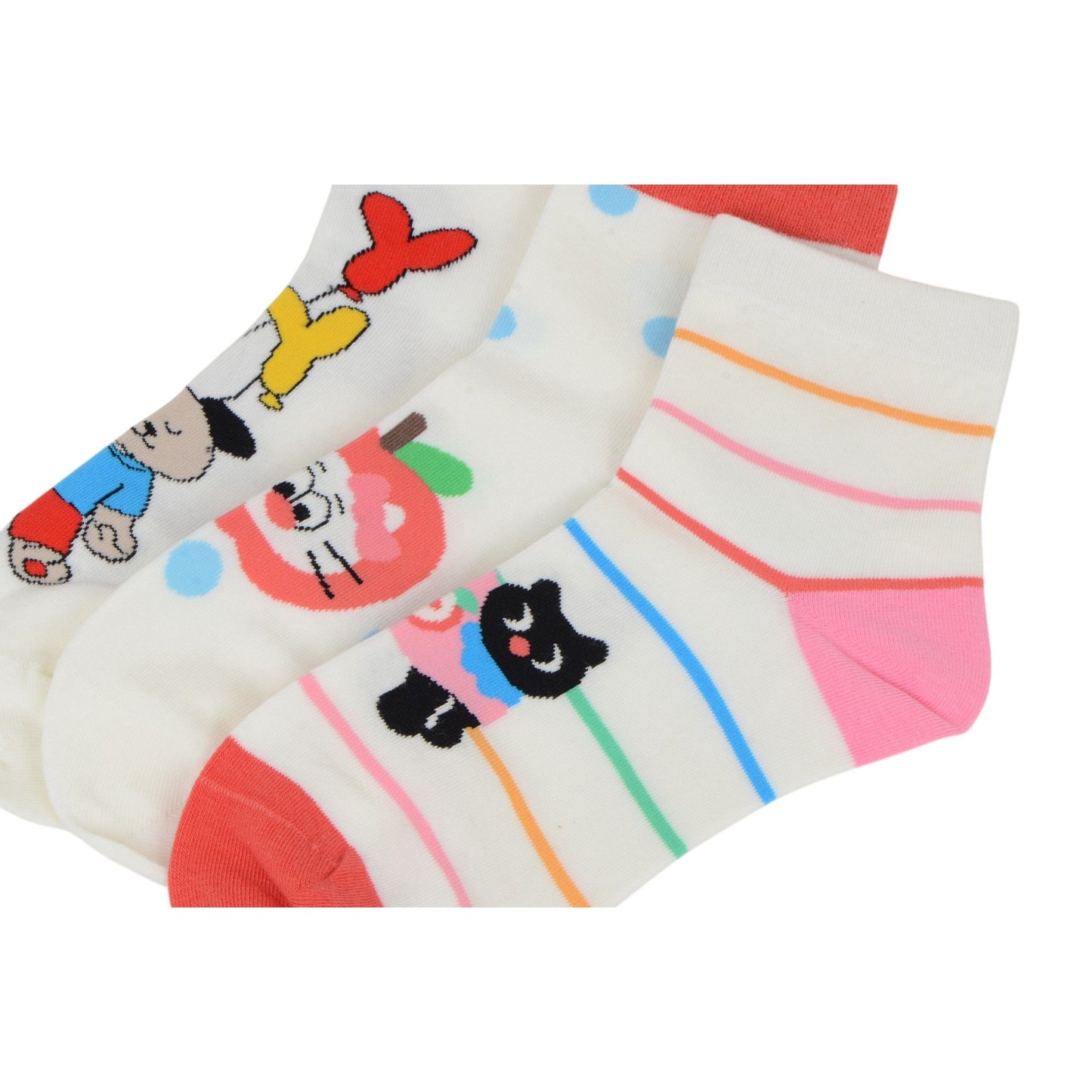 Renaissance Women 3-Pair Ankle Socks Set Assorted Patterns Featuring Colorblock, Cartoon Characters, and Butterfly Prints