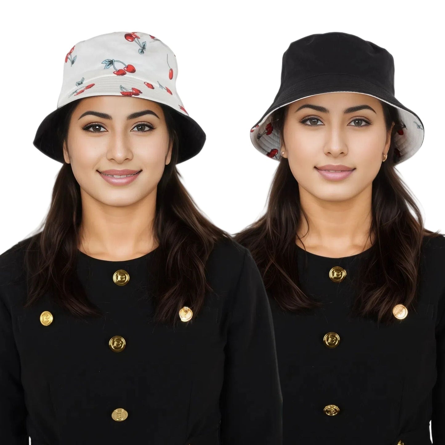 Fruit Print Bucket Hat Double-Side-Wear Reversible Fisherman Hats Summer Foldable Cap for Women- Banana