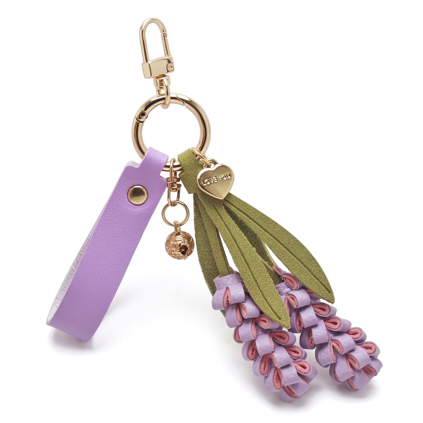 Lavender Flower Bag Charm with Wrist Loop Tassel and Gold Tone Clip