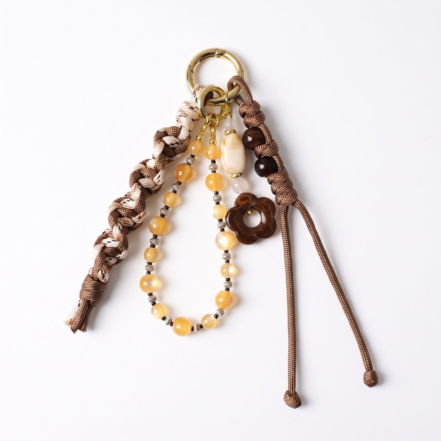Brown Braided Rope Bag Charm with Beaded Loop and Flower Accent