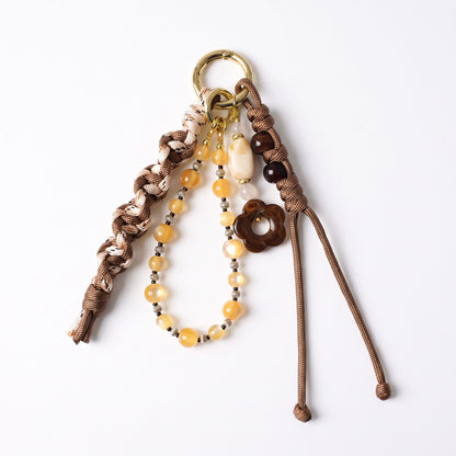 Brown Braided Rope Bag Charm with Beaded Loop and Flower Accent