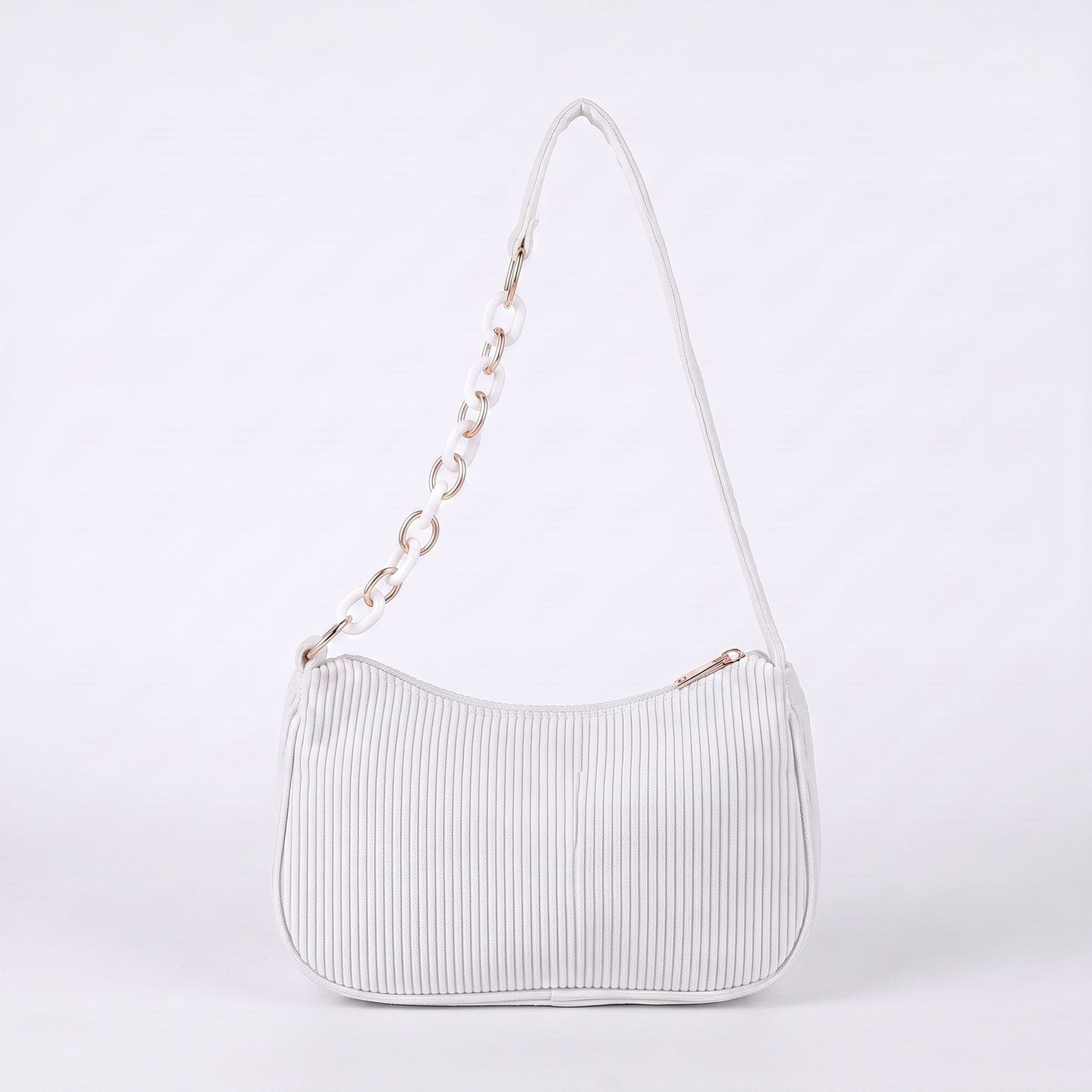 Small Corduroy Shoulder Bag with Mixed Chain Strap and Zip Closure