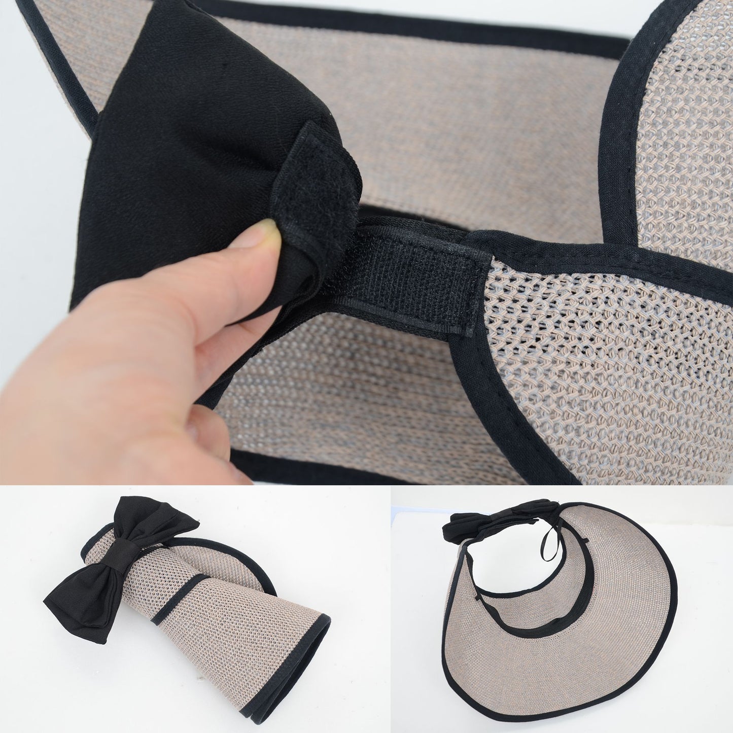 Womens Roll Up Straw Sun Visor Wide Brim Bow Detail Adjustable UV Protection Packable Summer Hat